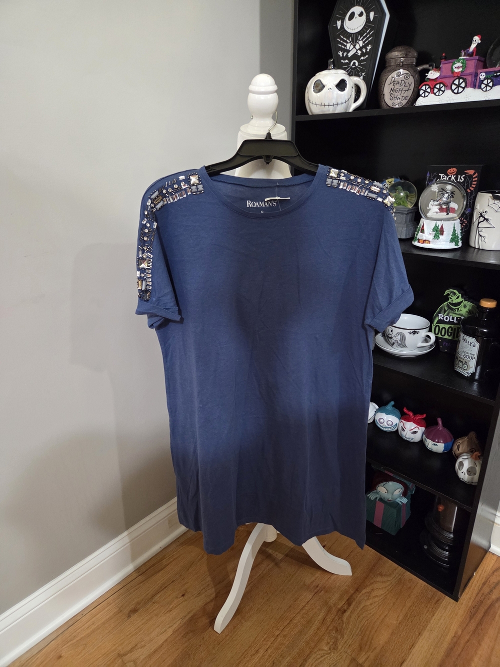 Roaman's Navy Short-Sleeve T Shirt Dress with Shoulder Embellishments